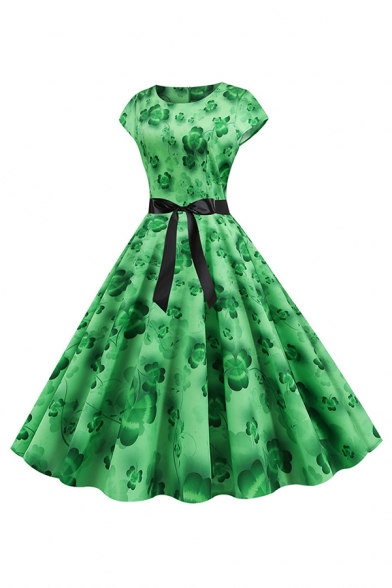 Green Retro Allover Clover Patterned Short Sleeve Round Neck Bow Tie Waist Midi Pleated Flared Dress for Girls