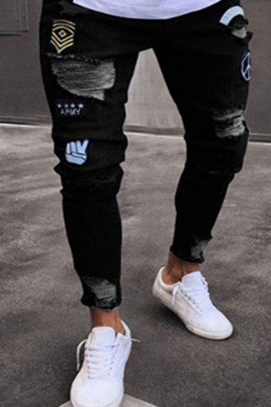 Hip Hop Boys Mid Rise Cartoon Badge Patched Ripped Ankle Fitted Jeans
