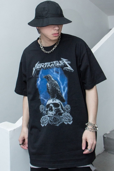 Hip Hop Letter Vertigo Suff Skull Eagle Lightning Graphic Half Sleeves Crew Neck Oversize Black T-Shirt for Boys