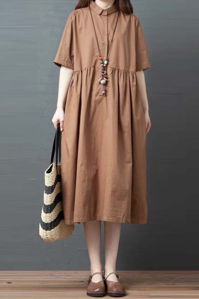 Popular Leisure Womens Short Sleeve Lapel Neck Button Up Solid Color Linen and Cotton Midi Swing Shirt Dress