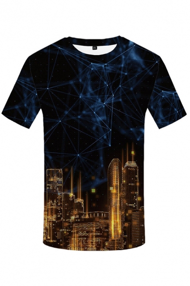Popular Mens Short Sleeve Crew Neck City Starry Sky 3D Pattern Colorblock Relaxed Fit T-Shirt in Black