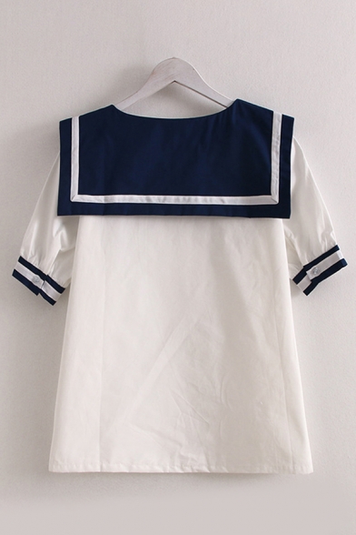 Preppy Girls Striped Short Sleeve Sailor Collar Contrasted Regular Fitted Blouse Top