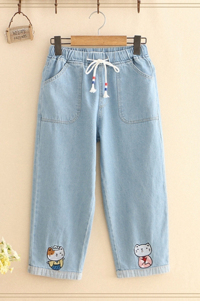Trendy Womens Drawstring Waist Cat Embroidery Rolled Cuff Cropped Relaxed Straight Jeans