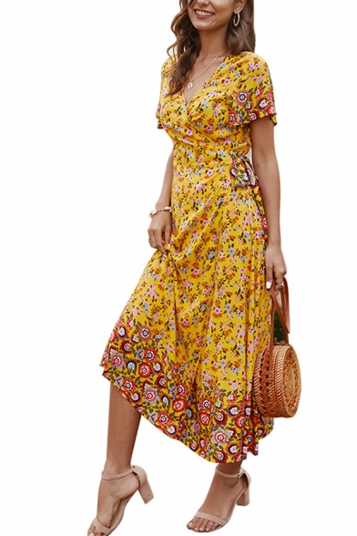 Womens Amazing Boho Short Sleeve Surplice Neck All Over Floral Pattern Bow Tie Waist Long A-Line Wrap Dress