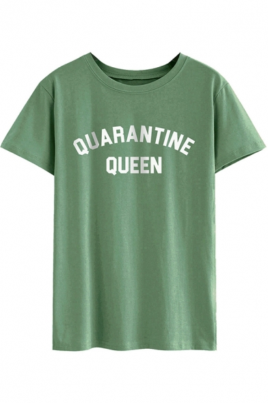 Womens Fashionable Short Sleeve Round Neck Letter QUARANTINE QUEEN Print Loose Fit T-Shirt
