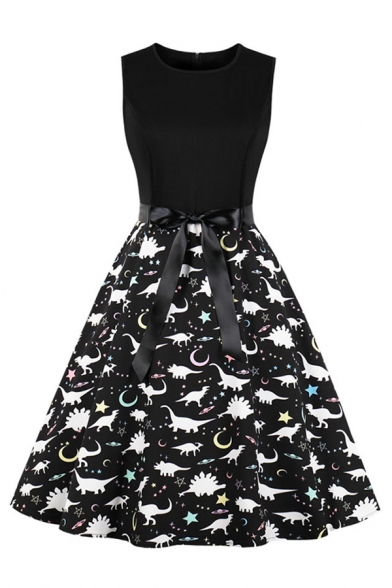 Andrey Hepburn Style Mixed Dinosaur Print Panel Bow Tie Waist Sleeveless Round Neck Mid Pleated Swing Dress for Women