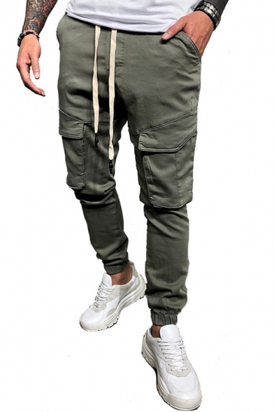 Casual Solid Color Flap Pockets Drawstring Waist Cuffed Ankle Length Pencil Cargo Pants for Men