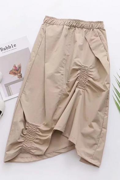 Casual Womens Khaki Elastic Waist Drawstring Asymmetric Hem Midi A-Line Skirt