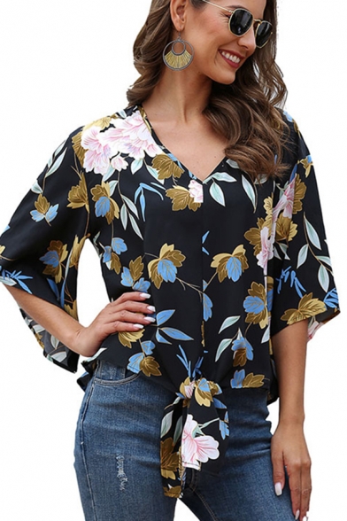 Fancy Amazing Womens Bell Sleeves V-Neck Tied Hem All Over Flower Print Chiffon Relaxed Fit Blouse Top