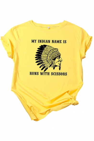 Fancy Girls Roll Up Sleeve Crew Neck Letter MY INDIAN NAME IS BUNS WITH SCISSORS Cartoon Graphic Regular Fit Tee Top