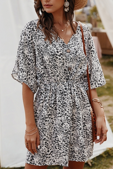 Fancy Ladies Short Sleeve V-Neck Button Up Gathered Waist Ditsy Floral Printed Mini A-Line Dress