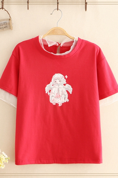 Fashionable Girls Short Sleeve Round Neck Cartoon Pattern Sheer Mesh Patched Relaxed T-Shirt