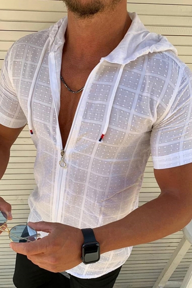 Fashionable Mens Short Sleeve Hooded Zip Up Drawstring Polka Dot Plaid Print Slim Fitted T-Shirt