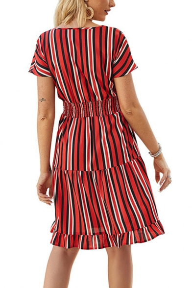 Fashionable Womens Short Sleeve V-Neck Stripe Printed Gathered Waist Ruffled Trim Mid A-Line Dress