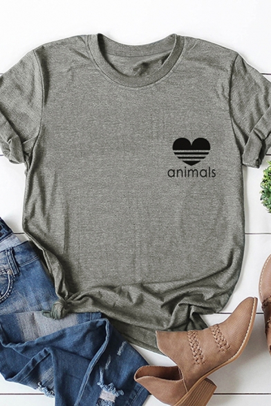 Girls Cool Rolled Short Sleeve Round Neck Letter ANIMALS Heart Graphic Relaxed Fit T Shirt