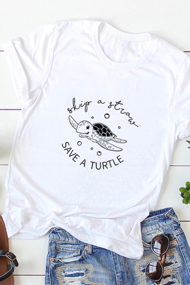 Girls New Trendy Rolled Short Sleeve Round Neck Turtle Print Letter SAVE A TURTLE Graphic Regular Fit Tee Top