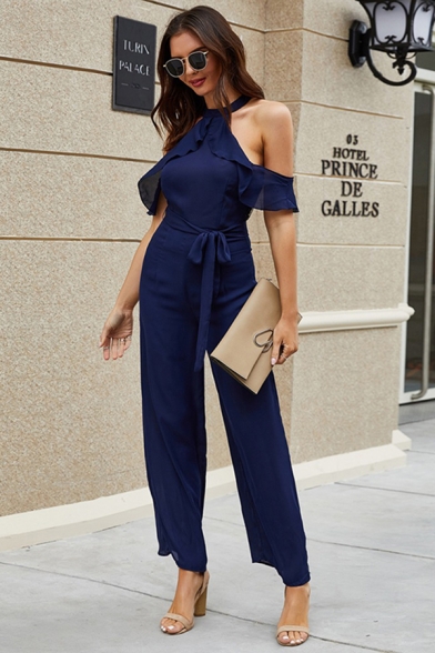 Glamorous Ladies Blue Short Sleeve Cold Shoulder Ruffled Trim Bow Tie Waist Ankle Straight Jumpsuit