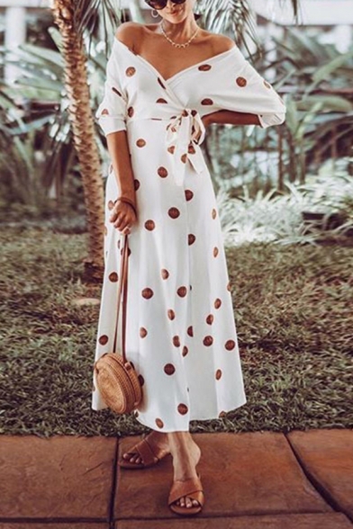 Gorgeous Amazing Womens Three-Quarter Sleeve Off the Shoulder Polka Dot Print Bow Tie Waist Long Wrap Dress in White