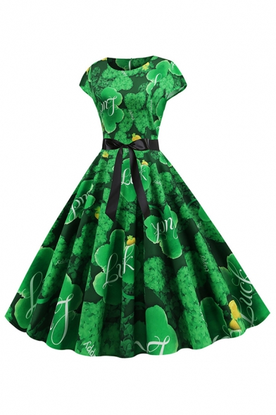 Green Retro Allover Clover Patterned Short Sleeve Round Neck Bow Tie Waist Midi Pleated Flared Dress for Girls