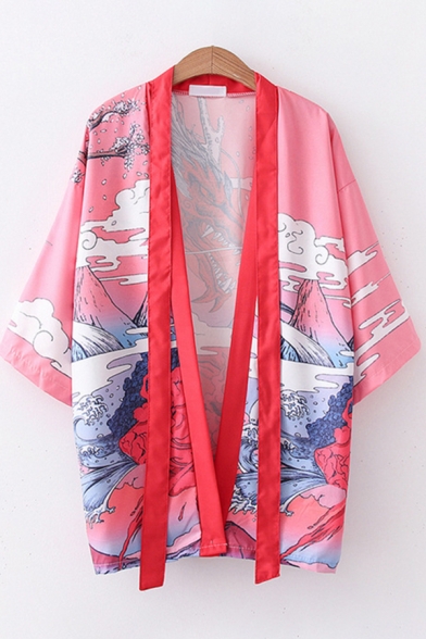 Harajuku Style Womens Three-Quarter Sleeve Open Front Straps Cartoon Cloud Mountain Print Loose Fit Pink Kimono Cardigan