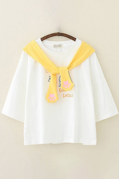 Kawaii Girls Three-Quarter Sleeve Round Neck Letter GOOD LUCK Cat Graphic Paw Print Tied Front Loose T Shirt