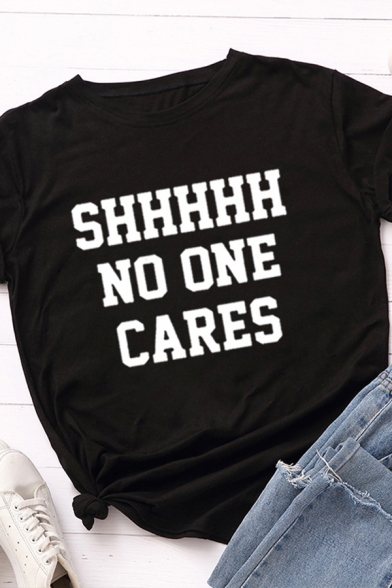Leisure Chic Roll Up Sleeve Crew Neck Letter SHHHHHH NO ONE CARES Print Slim Fitted T Shirt for Women