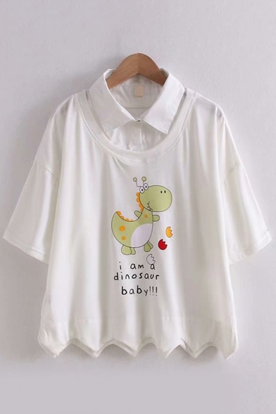 New Trendy Girls Short Sleeve Lapel Collar Dinosaur Letter Graphic Scalloped Fake Two Piece Relaxed T Shirt