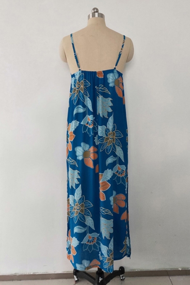 Pretty Summer Ladies Sleeveless All Over Flower Print Slit Side Long A-Line Cami Dress in Blue