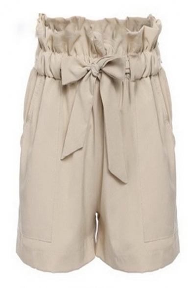 Chic Stylish Womens Bow Tie Waist Solid Color Relaxed Shorts