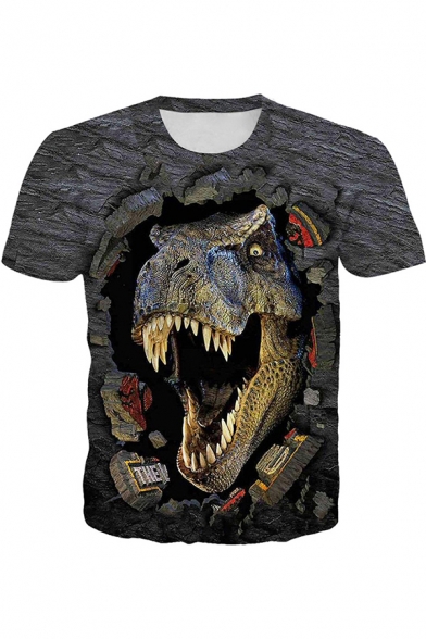 Creative Mens Short Sleeve Crew Neck 3D Dinosaur Patterned Relaxed Gray Tee