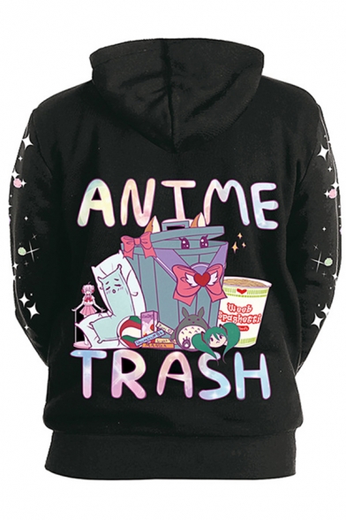Fashionable Boys Long Sleeve Drawstring Japanese Letter ANIME TRASH Cartoon Graphic Pouch Pocket Loose Hoodie in Black
