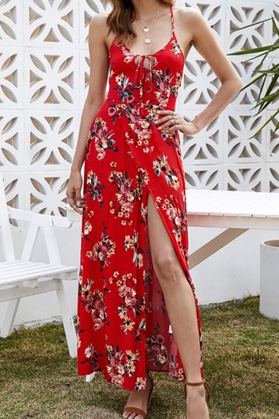 Glamorous Girls Vacation Sleeveless Bow Tie Front All Over Flower Printed Lace Up Hollow Out Back Maxi Flowy Cami Dress