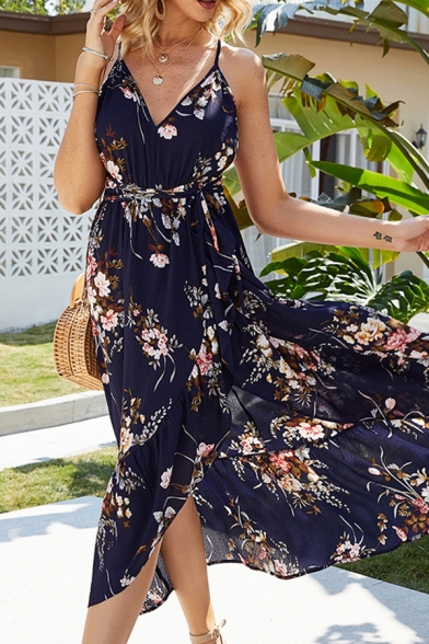 Gorgeous Womens Sleeveless V-Neck All Over Floral Printed Bow Tie Waist Long Wrap Flowy Cami Vacation Dress