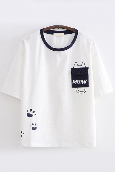 Girls Short Sleeve Round Neck Letter MEOW Pocket Cat Graphic Contrasted Relaxed T Shirt