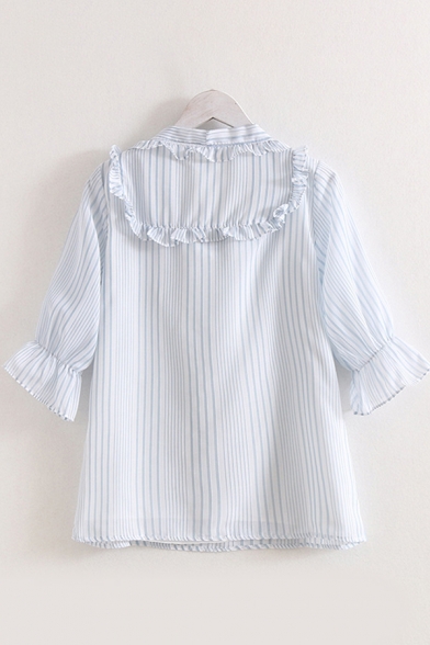 Ladies Pretty Light Blue Bell Sleeve Peter Pan Collar Bow Tie Stringy Selvedge Stripe Print Relaxed Blouse Top
