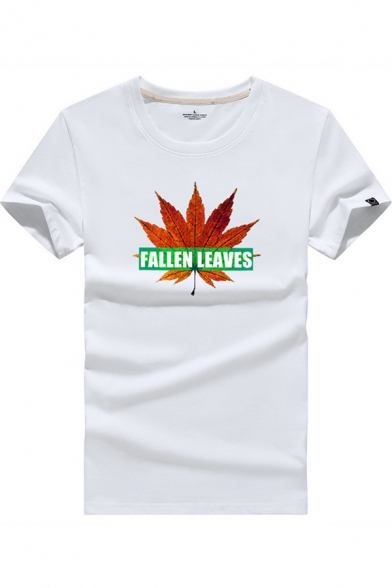 Leisure Mens Short Sleeve Letter FALLEN LEAVES Maple Leaf Graphic Fitted Tee Top