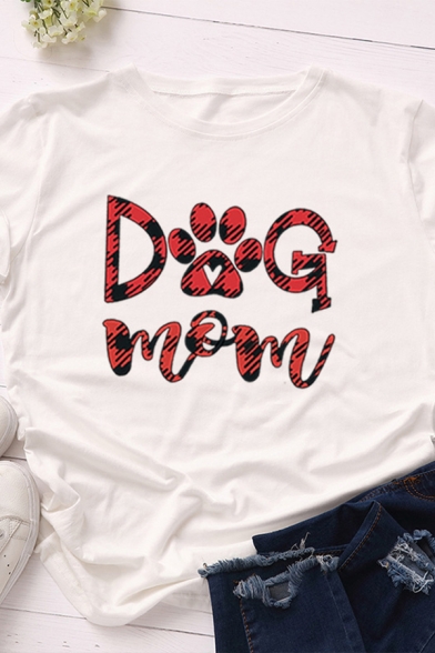 Leisure Womens Rolled Short Sleeve Crew Neck Letter DOG MOM Print Regular Fitted T Shirt