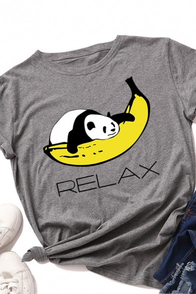 Popular Girls Roll Up Sleeve Crew Neck Letter REALX Panda Banana Graphic Fitted Tee Top