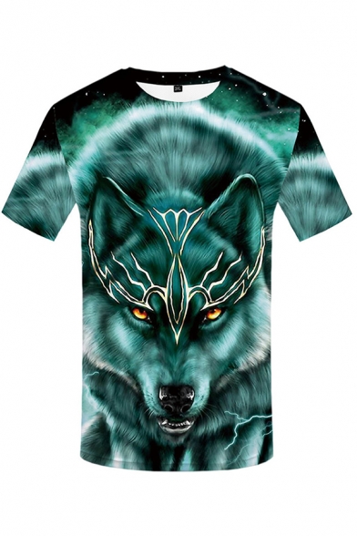 Popular Mens Short Sleeve Crew Neck Wolf 3D Printed Slim Fitted Green T-Shirt