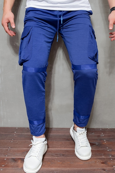 Popular Solid Color Flap Pockets Drawstring Waist Tape Panel Ankle Relaxed Trousers for Men