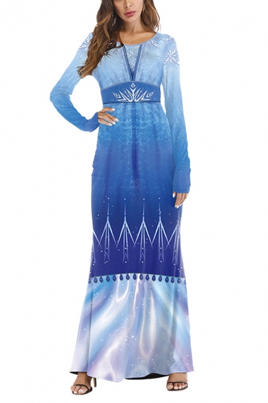 Pretty Womens Long Sleeve Round Neck Ice Patterned Ombre Maxi Fishtail Cosplay Dress in Blue