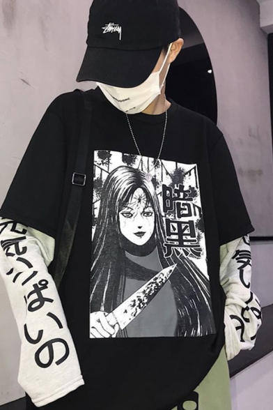 Punk Girls Long Sleeve Round Neck Creepy Comic Japanese Letter Print Fake Two Piece Relaxed Graphic Tee