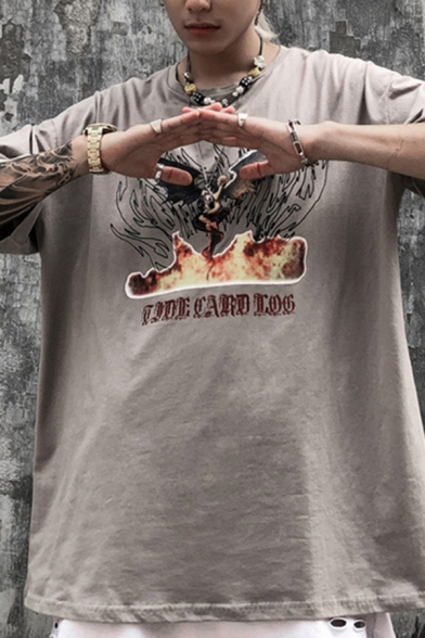 Street Guys Devil Wings Flame Letter Graphic Dropped Shoulder Half Sleeve Crew Neck Oversize T-Shirt