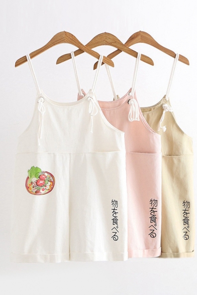 Unique Stylish Womens Sleeveless Japanese Letter Food Graphic Rolled Cuffs Relaxed Straight Suspender Shorts
