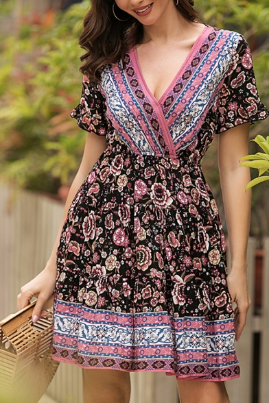 Womens Ethnic Pretty Short Sleeve Surplice Neck All Over Flower Printed Patchwork Short Pleated A-Line Boho Dress