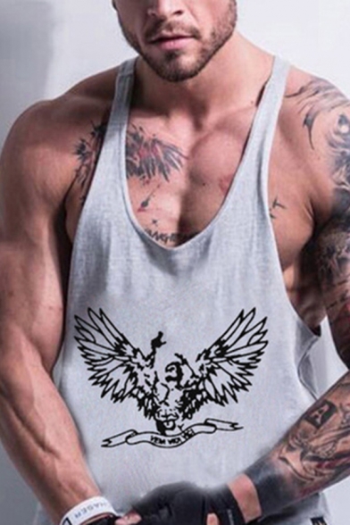 Bodybuilding Fitness Wing Print Low Cut Armholes Sleeveless Regular Fitted Gyms Tank Tops for Men