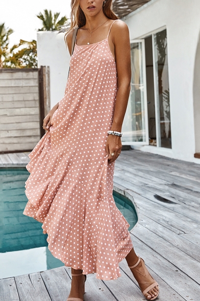 Bohemian Ladies Sleeveless Polka Dot Print Ruffled Trim Bi-Layered Irregular Hem Maxi A-Line Cami Dress