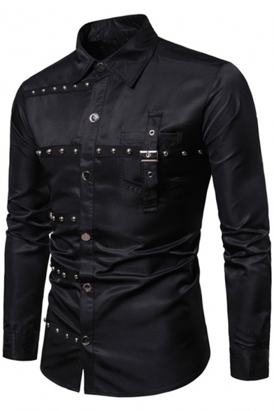 Boys Gothic Long Sleeve Point Collar Button Up Chest Pocket Buckle Strap Rivet Embellished Slim Fit Shirt