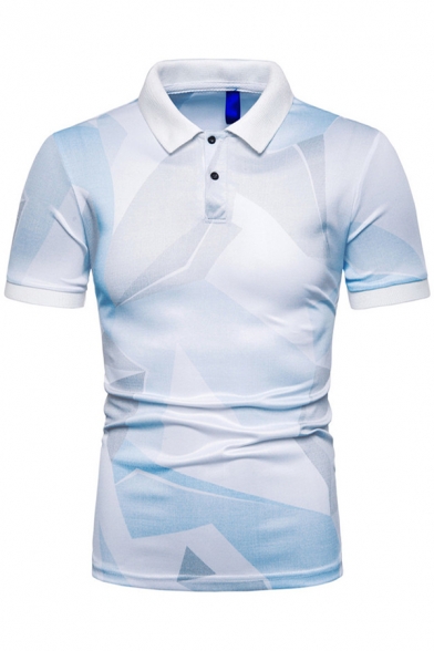 Casual Mens Short Sleeve Lapel Neck Button Up Colorblock Patterned Slim Fit Polo Shirt
