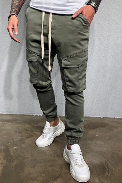 Casual Solid Color Flap Pockets Drawstring Waist Cuffed Ankle Length Pencil Cargo Pants for Men